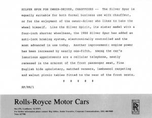 1988 Rolls-Royce Silver Spur Press Photo and Release 0008