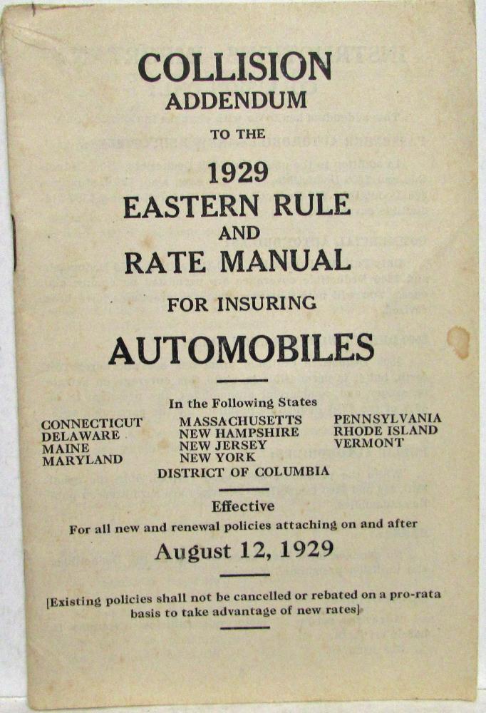 1929 Collision Addendum to the Eastern Rule & Rate Manual for Insuring Autos