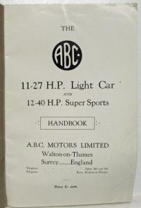 1926 ABC Motors 11-27 HP Light & 12-40 HP Super Sports Car Owners Manual