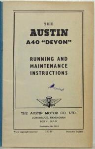 1958 Austin A40 Devon Owners Running and Maintenance Manual