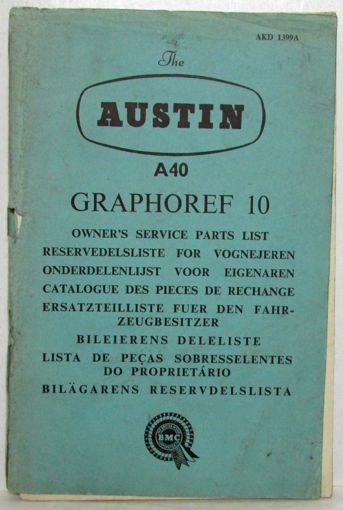 1960 Austin A40 Graphoref 10 Owners Service Parts List - Multi-Language