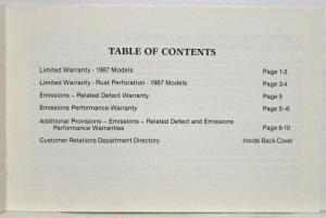 1987 BMW Models Consumer Warranty Information Manual