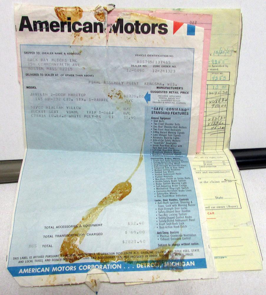 1970 AMC Javelin Window Sticker Bill Of Lading Build Order Registration Original
