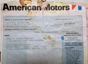 1970 AMC Javelin Window Sticker Bill Of Lading Build Order Registration Original