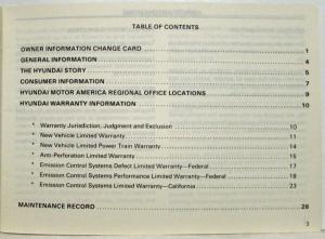 1988 Hyundai Excel Owners Manual and Handbook with Key Order Info in Case