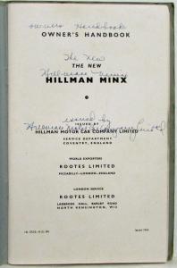 1956 Hillman Minx Owners Handbook Manual and Special Accessories Folder