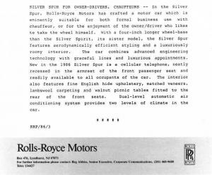 1986 Rolls-Royce Silver Spur Press Photo and Release 0011