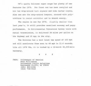 1978 VW Volkswagen Scirocco Press Photo and Release 0050