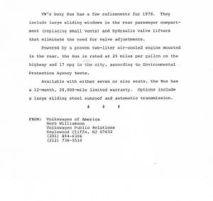 1978 VW Volkswagen Bus Press Photo and Release 0058