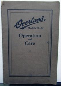 1925-1926 Overland Models 91 - 92 Operation and Care Owners Manual