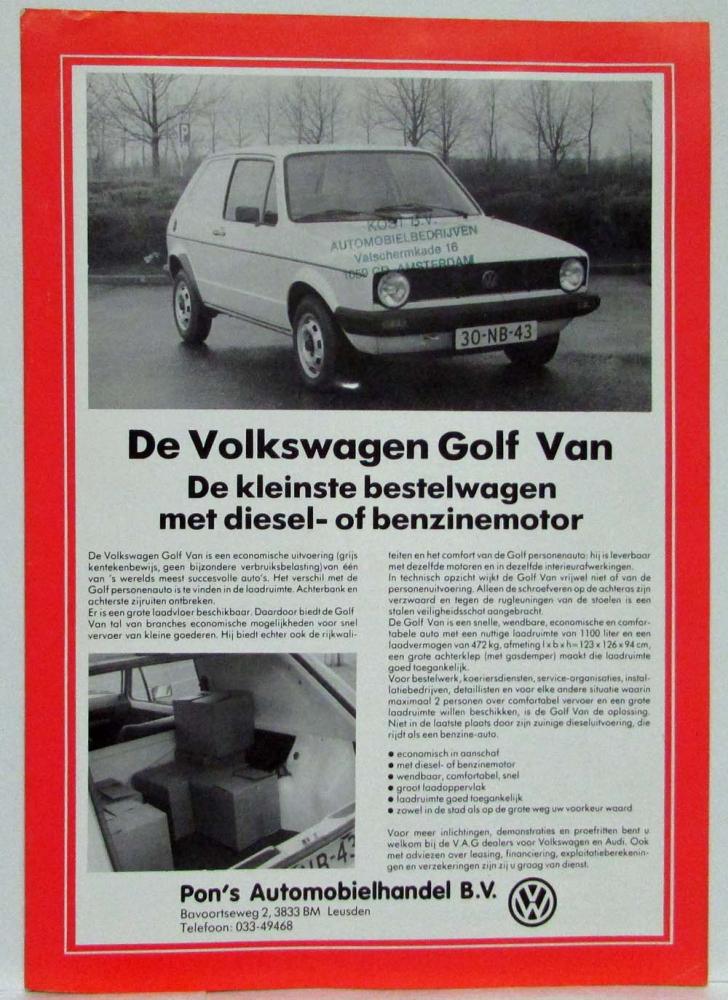 1980 Volkswagen VW Golf Van Spec Sheet - Dutch Text