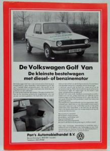 1980 Volkswagen VW Golf Van Spec Sheet - Dutch Text
