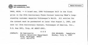 1985-1986 VW Volkswagen Golf Press Photo and Release 0062