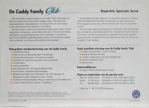 1998 Volkswagen VW De Caddy Family Club Sales Sheet - Dutch Text