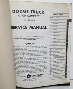 1966 Dodge A 100 Pickup Van Wagon Compact S Series Service Shop Manual