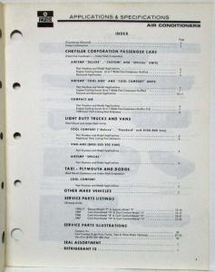 1967-1971 Chrysler Parts Air Conditioners Application & Specifications - A/C