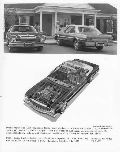 1976 Dodge Aspen Compact in Three Body Styles Press Photo 0267