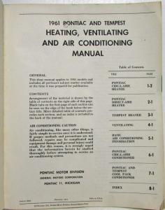 1961 Pontiac and Tempest Heating Ventilation & A/C Service Shop Manual - HVAC