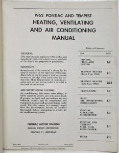 1962 Pontiac and Tempest Heating Ventilation & A/C Service Shop Manual - HVAC