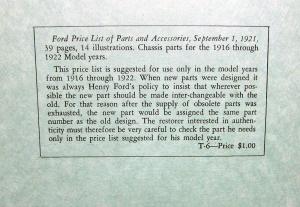 1909-1921 Ford Model T Price List Of Parts & Accessories Book Vintage Repro