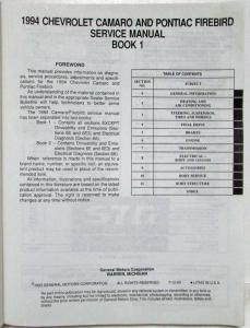 1994 Chevrolet Camaro Pontiac Firebird Service Shop Repair Manual Set Vol 1 & 2