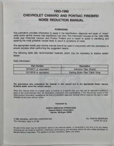 1993-1996 Chevrolet Camaro Pontiac Firebird F Platform Noise Reduction Manual