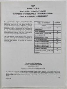 1994 GM Buick Chevrolet Olds Pontiac Platform Service Manual Supplement