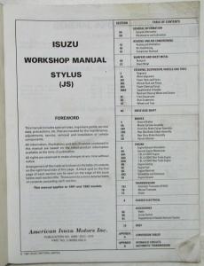 1991/1992 Isuzu Stylus Service Shop Repair Manual
