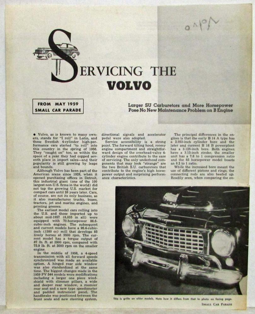 1959 Volvo PV 544 Small Car Parade Article Reprint