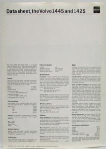 1968 Volvo 144S and 142S Spec Sheet
