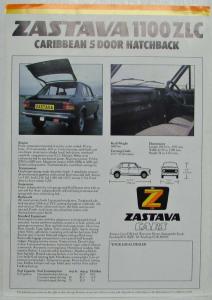 1975-1985 Zastava 1100 ZLC Caribbean 5 Door Hatchback Spec Sheet - UK Market