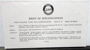 1906 Pope Toledo Type XII Landaulette Sales Folder Specifications Original