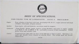 1906 Pope Toledo Type XII Landaulette Sales Folder Specifications Original