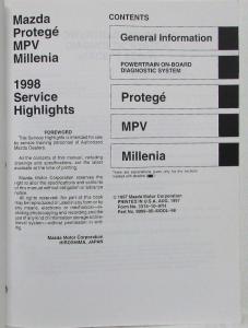 1998 Mazda Service Highlights Shop Manual - Protege MPV Millenia