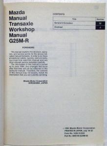 1994 Mazda Manual Transaxle G25M-R Service Shop Repair Manual