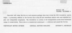 1961 Chevrolet Corvair Greenbrier Sports Wagon Press Photo and Release 0503