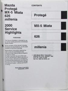 2000 Mazda Service Highlights Shop Manual - Protege MX-5 Miata 626 Millenia