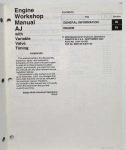 2003 Mazda AJ with Variable Valve Timing Engine Service Shop Repair Manual