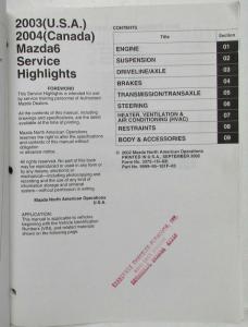 2003 USA 2004 Canada Mazda Mazda6 Service Highlights Manual