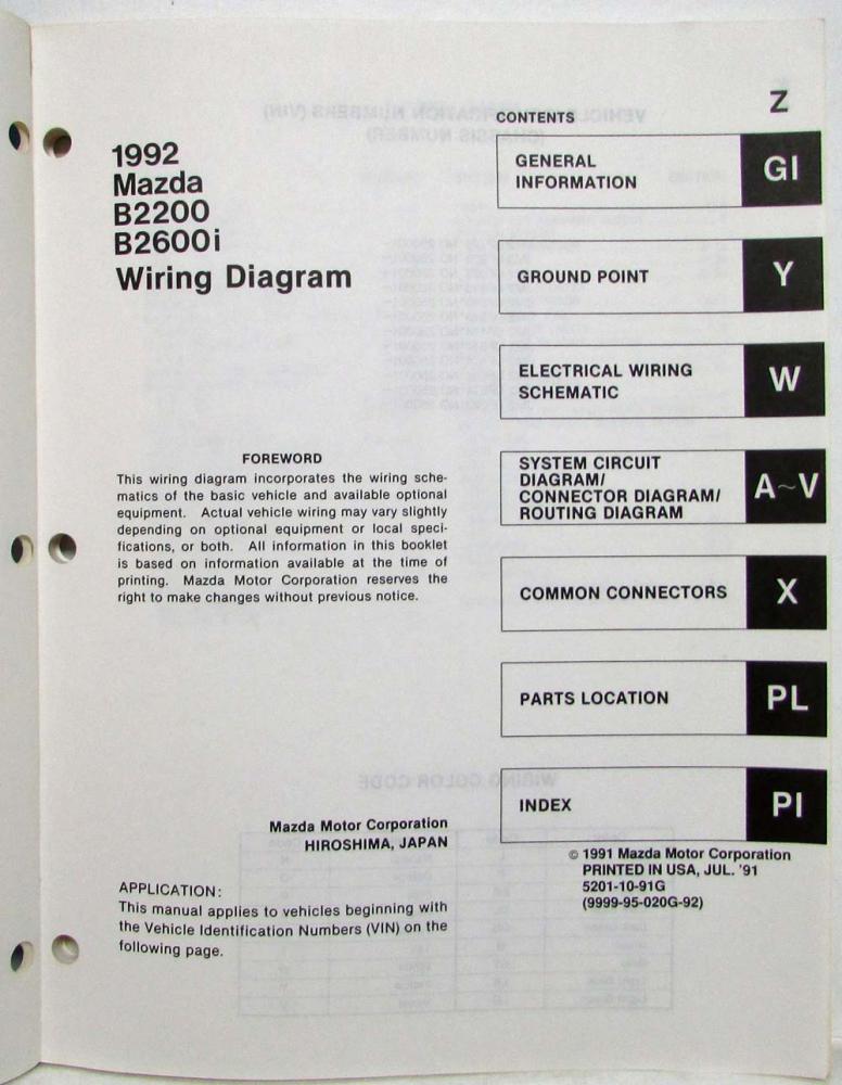 1992 Mazda B2200 B2600i Pickup Truck Electrical Wiring Diagram