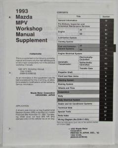 1993 Mazda MPV Service Shop Repair Manual Supplement - Loose Leaf