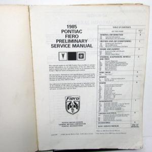 1985 Pontiac Fiero Dealer Service Shop Manual Preliminary Edition Repair Orig