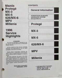 1996 Mazda Service Highlights Manual - Protege MX-3 MX-5 626/MX-6 MPV Millenia