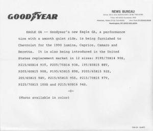 1990 Goodyear GA Tire Press Photo & Release 0505 - Lumina Caprice Camaro Beretta