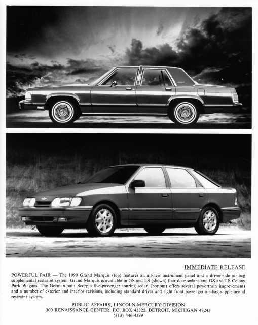 1990 Mercury Grand Marquis and Scorpio Touring Sedan Press Photo 0136