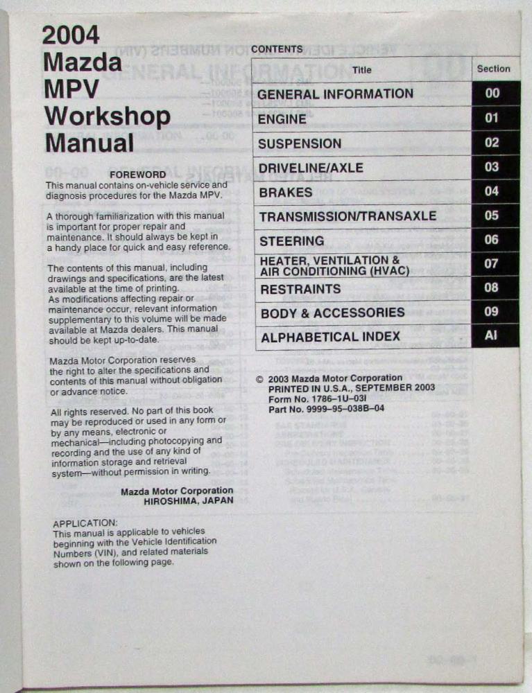 2004 Mazda MPV Service Shop Repair Manual