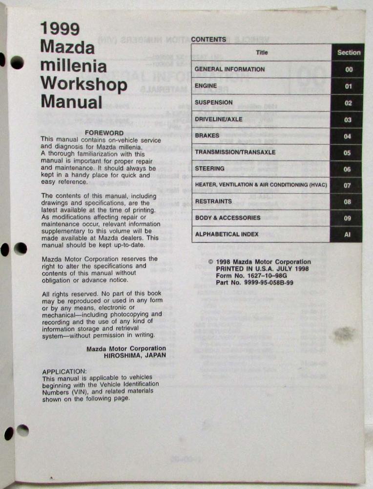 1999 Mazda Millenia Service Shop Repair Manual