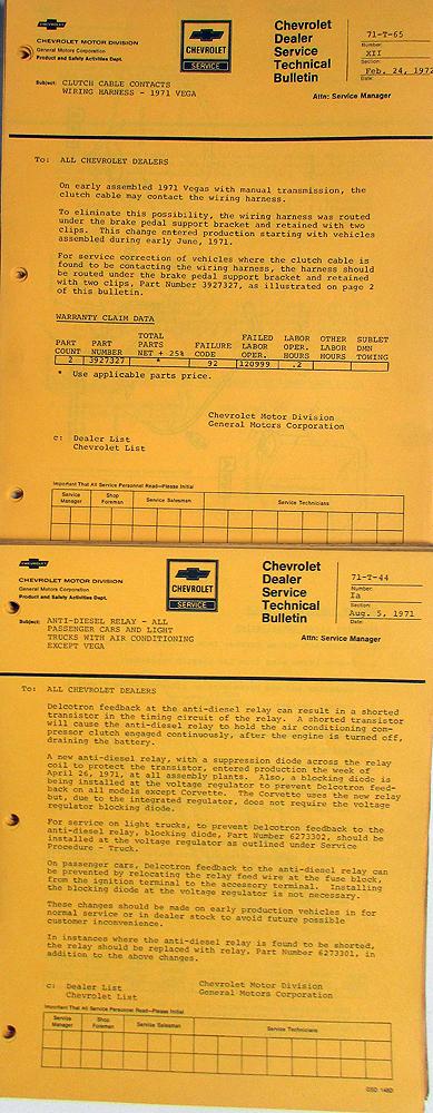 1971 Chevrolet Technical Service Bulletins Vega Pickup Truck Vega
