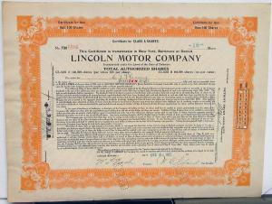 1921 Lincoln Motor Co Stock Certificate TDO 6886 Notarized Original Memorabilia