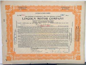 1921 Lincoln Motor Co Stock Certificate TDO 6860 Notarized Original Memorabilia